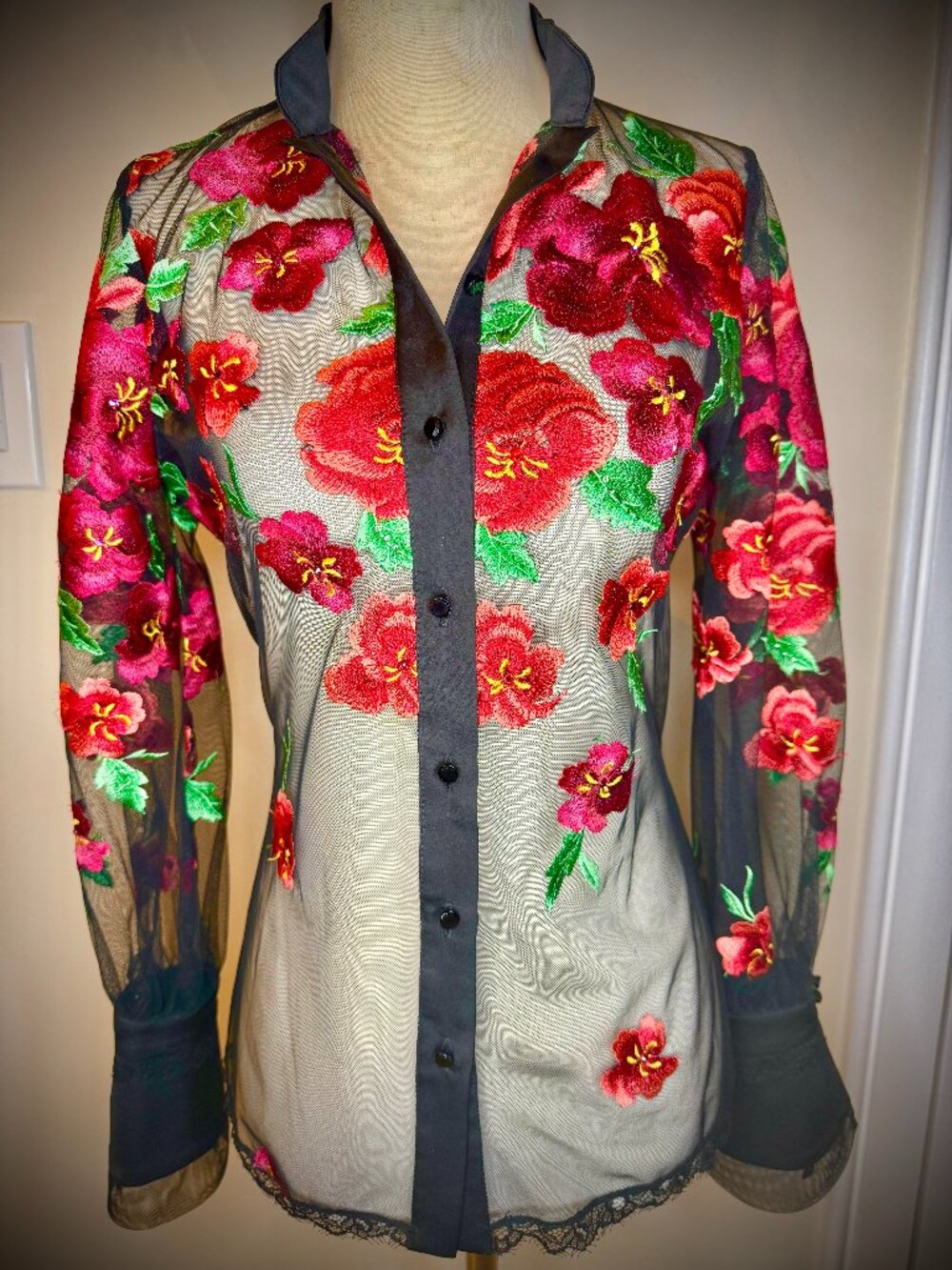 Michal Negrin Sheer Black Swarovski Crystal Red & Pink Floral Embroidered Blouse